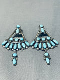 Important Vintage Native American Zuni Signed Blue Gem Turquoise Sterling Silver Earrings-Nativo Arts