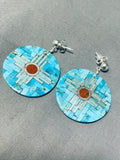 Native American Intricate Vintage Santo Domingo Turquoise Coral Sterling Silver Zia Earrings-Nativo Arts