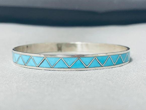 Dramatic Vintage Native American Zuni Blue Gem Turquoise Sterling Silver Bangle Bracelet Signed-Nativo Arts