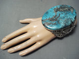 Mega Chunky Native American Navajo Curt John Turquoise Sterling Silver Leaf Bracelet-Nativo Arts