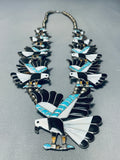 Opulent Vintage Native American Zuni Turquoise Eagle Sterling Silver Squash Blossom Necklace-Nativo Arts