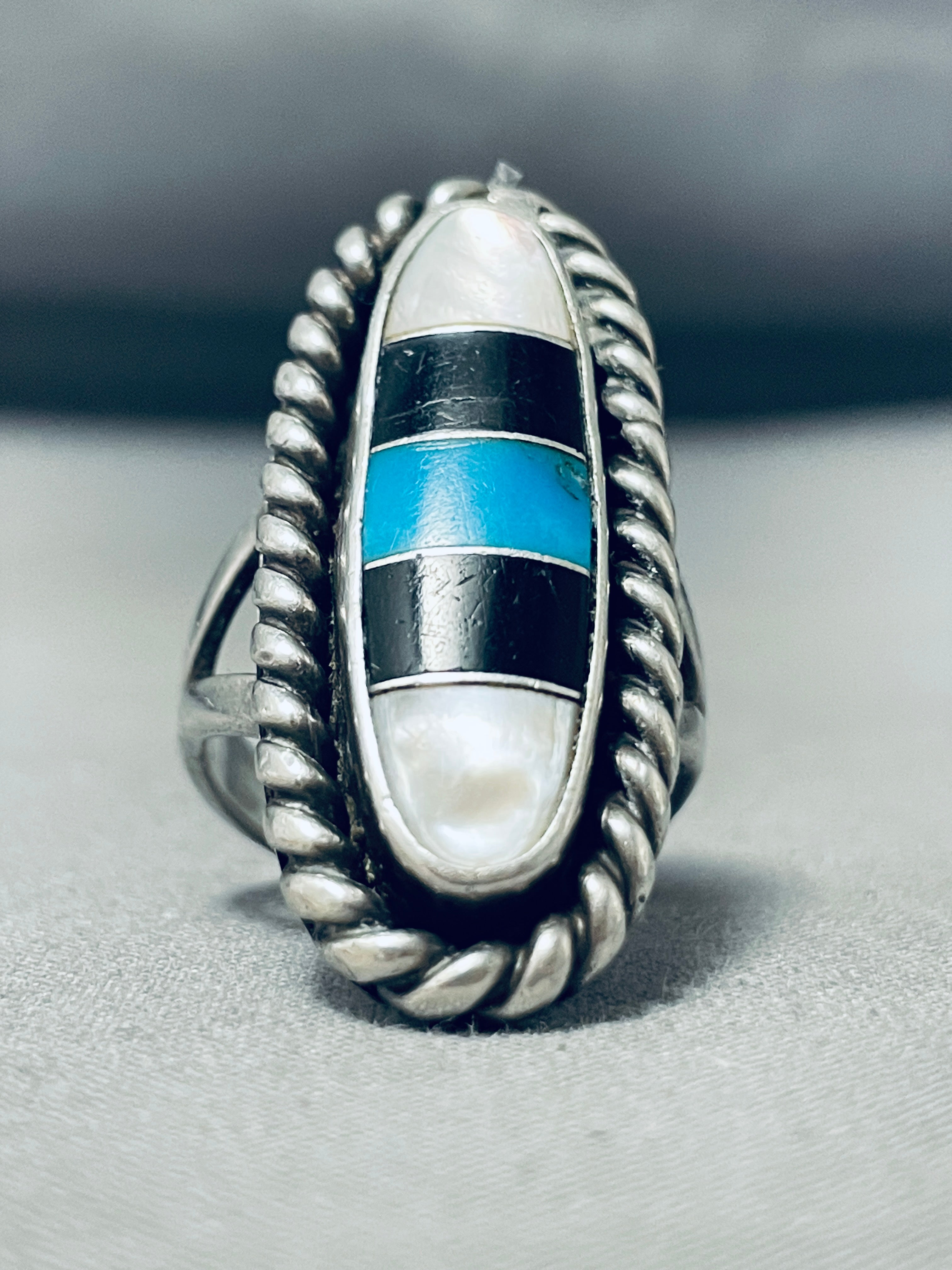 Awesome Vintage Native American Navajo Inlay Turquoise Jet Mother 