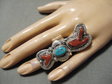 Best Towering Huge Native American Navajo Coral Sterling Silver Turquoise Ring-Nativo Arts