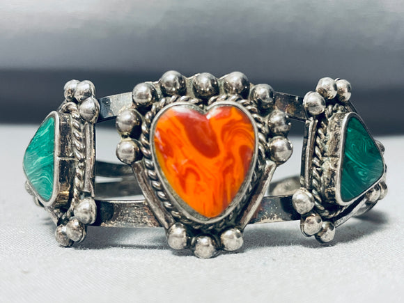 Rare Older Vintage Native American Navajo Shell Heart Turquoise Sterling Silver Bracelet-Nativo Arts