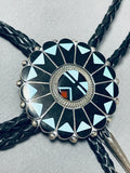 Unique Black Jet Stone Vintage Native American Zuni Turquoise Sterling Silver Bolo Tie-Nativo Arts