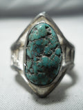 Heavy Modernistic Native American Navajo Green Turquoise Sterling Silver Ring-Nativo Arts