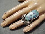Huge Detailed Native American Navajo Turquoise Inlay Sterling Silver Ring-Nativo Arts