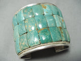Native American Huge 140 Gram Green Turquoise Wide Inlay Sterling Silver Bracelet-Nativo Arts