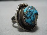 Striking Vintage Native American Navajo Old Morenci Turquoise Sterling Silver Ring Old-Nativo Arts