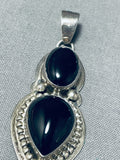 Signed Native American Navajo Jet Stone Sterling Silver Raindrop Pendant-Nativo Arts