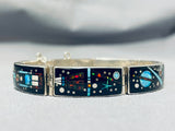 Native American One Of Most Intricate Ever Space Inlay Turquoise Sterling Silver Clasp Bracelet-Nativo Arts