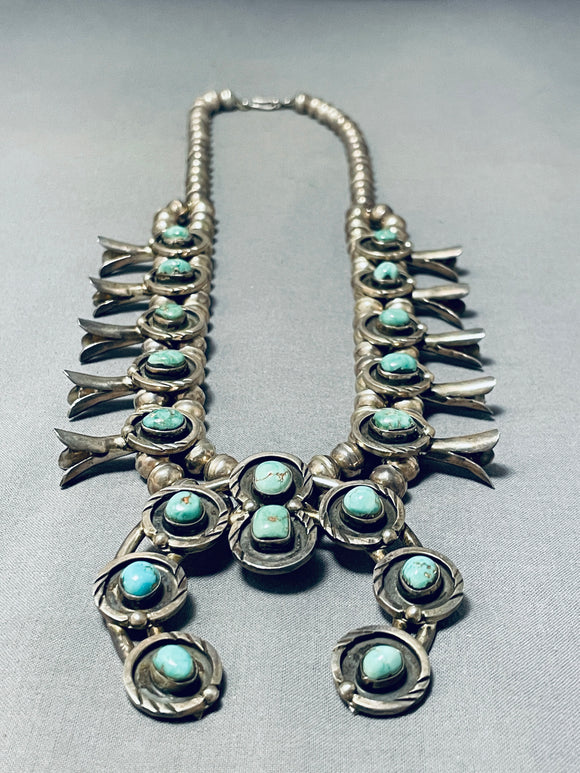 Women's Vintage Native American Navajo Royston Turquoise Sterling Silver Squash Blossom Necklace-Nativo Arts