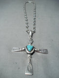 Heavy Cross Native American Navajo Kingman Turquoise Sterling Silver Cross Necklace-Nativo Arts