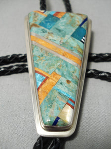 Native American Authentic Santo Domingo Royston Turquoise Sterling Silver Bolo Tie-Nativo Arts
