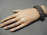 Intricate Hand Woven Vintage Native American Navajo Sterling Silver Rug Bracelet Old-Nativo Arts