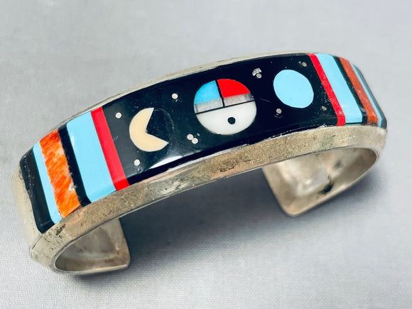 Amazing Native American Navajo Inlay Turquoise Jet Coral Sunface Cosmic Sterling Silver Cuff-Nativo Arts