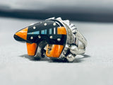 Fascinating Native American Navajo Signed Inlay Jet Coral Turquoise Bear Sterling Silver Ring-Nativo Arts