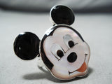 Native American Exceptional Zuni Inlay Coral Jet Mother Of Pearl Sterling Silver Mickey Ring-Nativo Arts