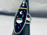 Dramatic Native American Navajo Jet Stone Sterling Silver Inlay Ring Signed-Nativo Arts