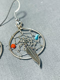 Exceptional Native American Navajo Turquoise & Coral Sterling Silver Dreamcatcher Earrings-Nativo Arts