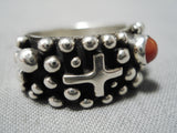Excellent Navajo Coral Sterling Silvercross Ring Native American-Nativo Arts