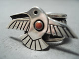 Aaron John Navajo Coral Sterling Silver Hummingbird Ring Native American-Nativo Arts
