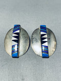 Important Chee Vintage Native American Navajo Lapis Sterling Silver Earrings Signed F.chee-Nativo Arts