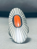 Exquisite Native American Navajo Coral Sterling Silver Ring Signed Thomas Nez-Nativo Arts