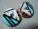 Detailed Vintage Native American Zuni Turquoise Inlay Sterling Silver Earrings-Nativo Arts