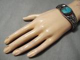 Early 1900's Vintage Native American Navajo Hand Repoussed Sterling Silver Turquoise Bracelet-Nativo Arts