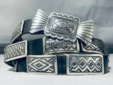Important Rug Pattern Sterling Silver Vintage Native American Navajo Hand Tooled Concho Belt-Nativo Arts