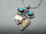 Signed Vintage Native American Acoma Turquoise Sterling Silver Owl Necklace-Nativo Arts