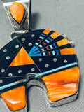 Dazzling Native American Navajo Signed Cosmic Inlay Coral Jet Sterling Silver Bear Pendant-Nativo Arts