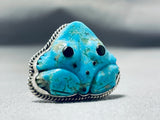 Impressive Native American Navajo Signed Kingman Turquoise Frog Sterling Silver Ring-Nativo Arts