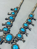 Blue Thunder Turquoise Vintage Native American Navajo Sterling Silver Squash Blossom Necklace-Nativo Arts