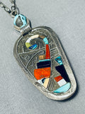 One Of Most Intricate Vintage Native American Navajo Turquoise Inlay Sterling Silver Necklace-Nativo Arts