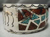 Remarkable Native American Navajo Coral Turquoise Inlay Sterling Silver Bracelet Old-Nativo Arts