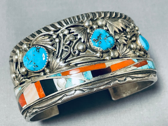 The Best Vintage Native American Navajo David Tune Turquoise Inlay Sterling Silver Bracelet-Nativo Arts