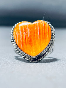 Spectacular Native American Navajo Orange Spiny Oyster Sterling Silver Heart Ring Signed-Nativo Arts