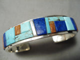 Colorful Native American Navajo Inlay Turquoise Lapis Coral Sterling Silver Bracelet-Nativo Arts