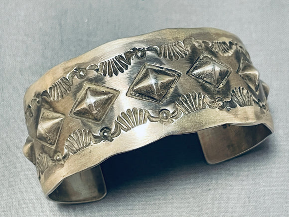 Ornamental Vintage Native American Navajo Signed Sterling Silver Star Stamped Bracelet-Nativo Arts