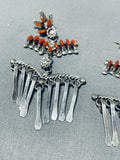 Native American One Of The Most Complex Zuni Coral Sterling Silver Dangling Earrings-Nativo Arts
