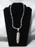 Detailed!! Native American Navajo Green Turquoise Sterling Silver Feather Necklace!-Nativo Arts