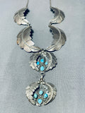 One Of Best Vintage Native American Navajo Hand Carved Leaf Sterling Silver Turquoise Necklace-Nativo Arts