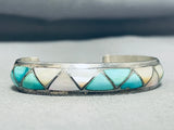 Lorrie Kallestewa Vintage Native American Zuni Blue Gem Turquoise Mother Of Pearl Inlay Bracelet-Nativo Arts