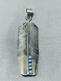 Long Hand Carved Vintage Native American Navajo Turquoise Sterling Silver Feather Pendant-Nativo Arts