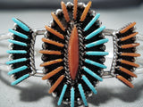 Important Native American Zuni Turquoise Coral Needlepoint Sterling Silver Bracelet-Nativo Arts