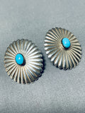 Tremendous Vintage Native American Navajo Sleeping Beauty Turquoise Sterling Silver Earrings-Nativo Arts