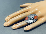 Tommy Nez Native American Navajo Coral Chunk Sterling Silver Leaf Ring-Nativo Arts