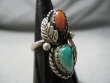 Marvelous Vintage Native American Navajo Royston Turquoise & Coral Sterling Silver Ring Old-Nativo Arts